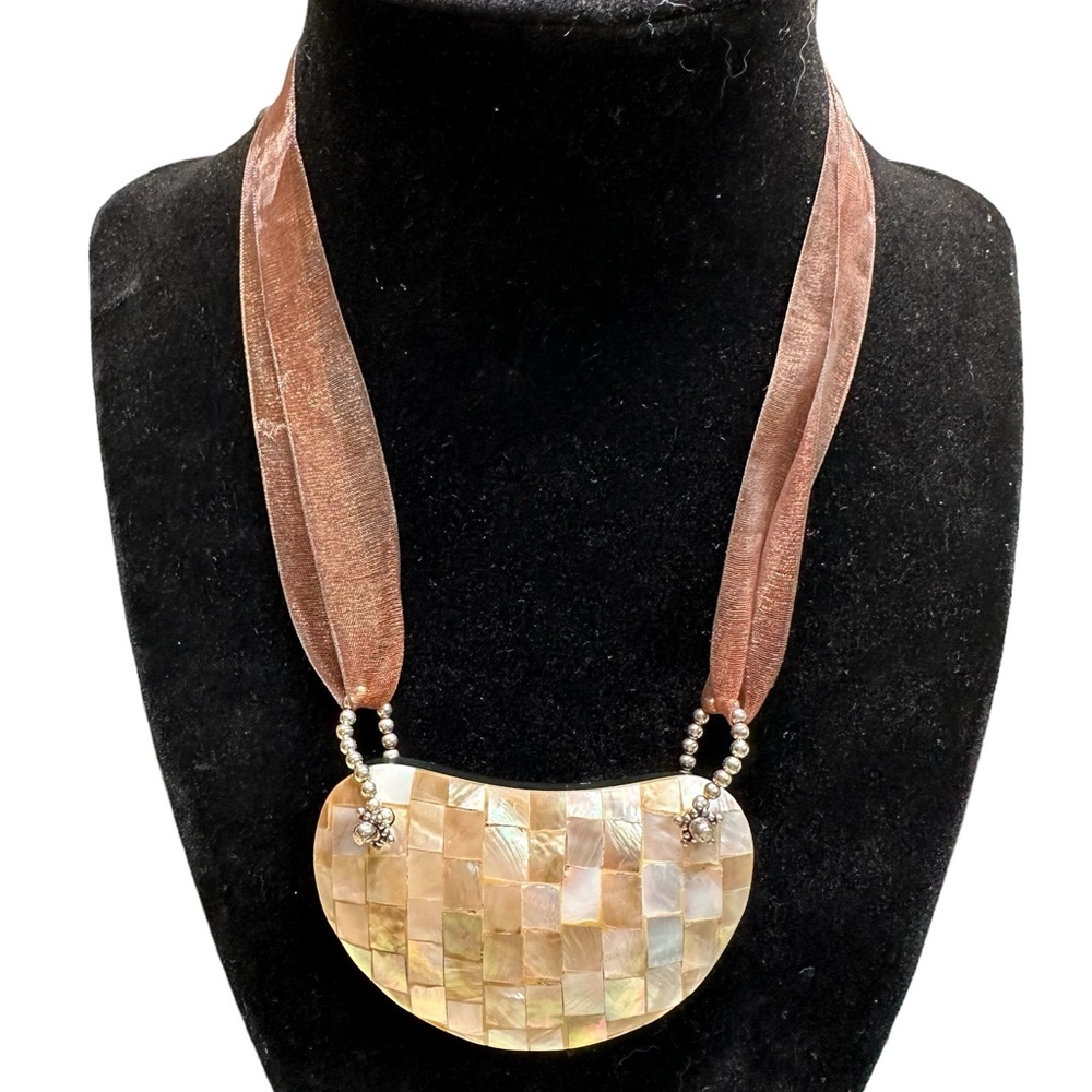 Vintage, Mother of Pearl, Pendant & Organza Ribbon Necklace